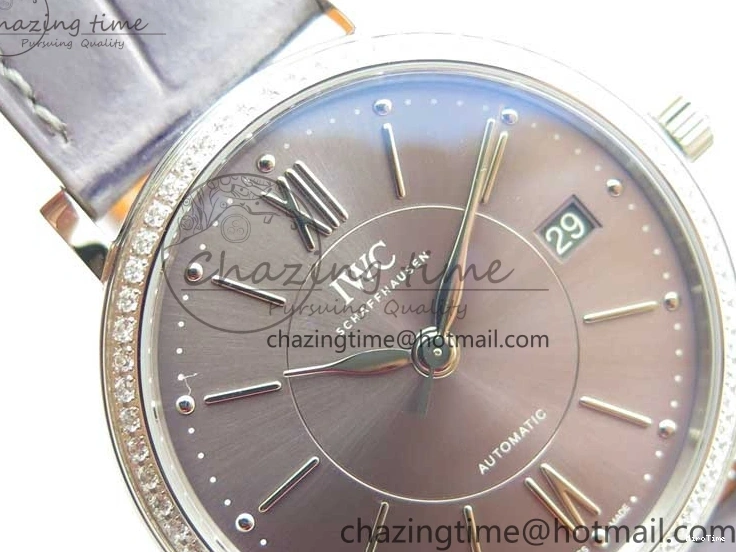 MIROTIME 0227 Attractive Portofino 37mm SS V7F 1:1 Best Edition Gray Dial Diamonds Bezel on Gray Leather Strap A 7091